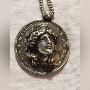 Antique 1911 Half Dollar Lady Liberty Pop Out Coin 3-D Necklace Sterling Silver